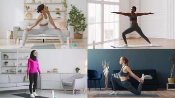 Four individuals from diverse backgrounds participate in various athletic workouts at home. They practice yoga and fitness routines in bright, open spaces, showcasing a healthy lifestyle. video