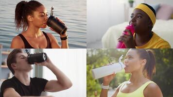 Four athletic individuals of different backgrounds refresh themselves with water bottles while engaging in various workouts. They demonstrate a commitment to a healthy lifestyle and fitness routine. video