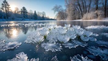 Frozen Ice Flowers on a Cold Winter Lake Surface photo