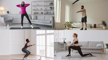 Group of diverse individuals performing various athletic workouts in comfortable indoor environments. Activities include stretching, squats, and meditation, capturing a healthy lifestyle. video