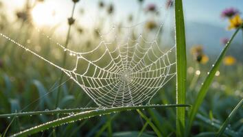 Spiderweb with Dew Drops in a Grassy Field at Dawn photo