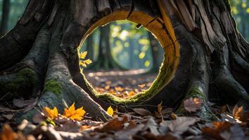 Hollow Tree Trunk with Leaves in Forest Ground View photo