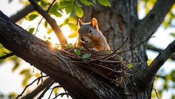 Squirrel Relaxing in Nest on Tree Branch with Sunlight photo