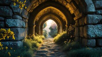 Stone Arch with Path, Flowers and Sunlight photo