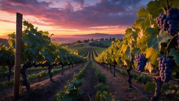 Vineyard Landscape at Sunset with Rows of Grapes photo