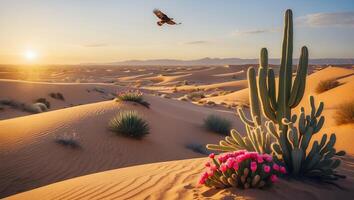 Desert Landscape with Cactus and Eagle photo