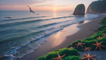 Seagull at Beach Sunrise with Rocks and Starfish photo