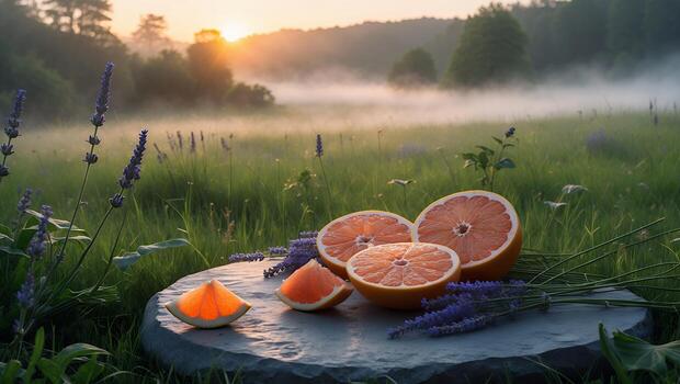 Grapefruit and Lavender on Stone Slab in Field photo