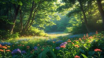 Forest Meadow with Wildflowers in Spring photo