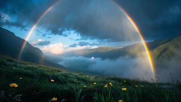 Mountain Rainbow Landscape with Yellow Flower Meadow photo