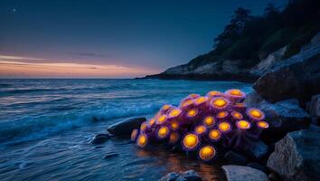 Glowing Anemone on Rocky Beach at Sunset Ocean View photo