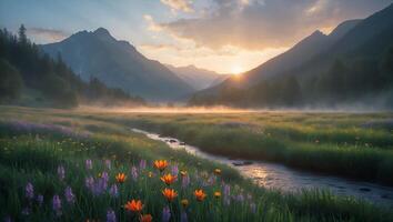 Mountain Valley Meadow with Stream and Wildflowers at Sunrise photo