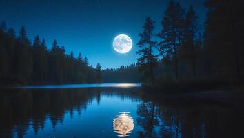 Full Moon Reflecting on Lake Water Surface Surrounded by Forest photo
