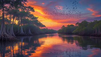 Sunset River Landscape with Birds and Trees Reflection photo
