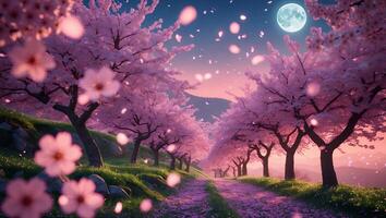 Cherry Blossom Blooming in Spring with Full Moon Night photo