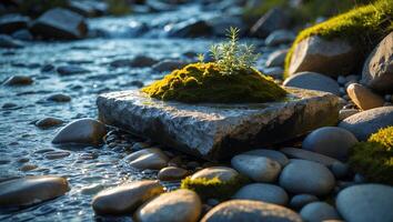 Plant on Mossy Rock in River photo
