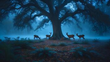 Deer Under Big Tree in Foggy Forest photo