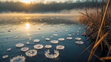 Ice Flower Floating on Lake Surface at Sunrise photo