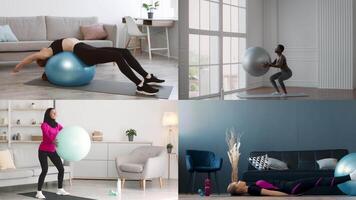 Four individuals practice different exercises using exercise balls in a bright indoor space. Their activities promote fitness and a healthy lifestyle, showcasing various athletic skills. video