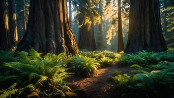 Giant Trees in Forest with Fern Ground Cover photo