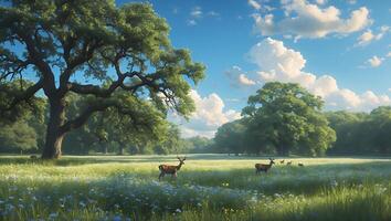 Deer in Meadow with Trees and Sky photo
