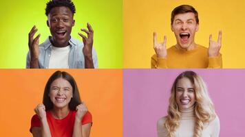 Four people display a range of emotions including joy and excitement against colorful backdrops. Their diverse expressions highlight the power of positive feelings in lifestyle contexts. video