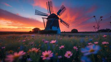 Windmill and Wildflower Field at Sunset photo
