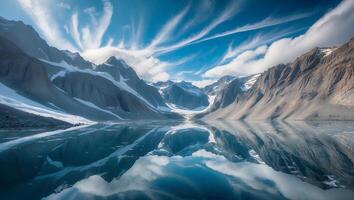 Mountain Range with Snow Reflecting in Blue Water photo