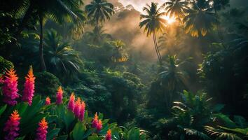 Tropical Jungle with Sun Shining Through the Trees photo