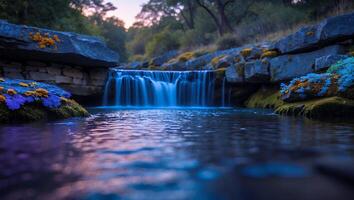 Scenic Waterfall Flowing Over Rocks Into Calm Water photo