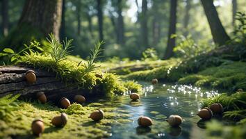 Acorn on Moss in Forest Stream photo