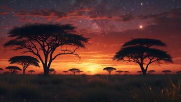 African Tree Silhouette Against Starry Sky at Sunset photo