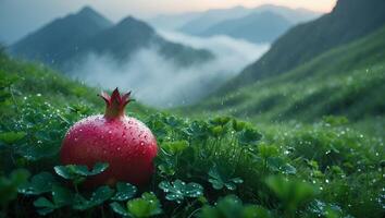 Pomegranate on Green Clover Field with Mountain View photo