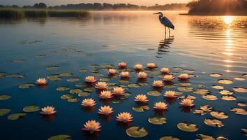 Heron and Water Lilies on Pond at Sunrise photo