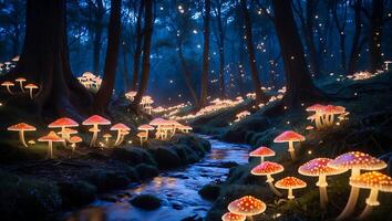 Glowing Mushrooms in Forest at Night Near Stream photo