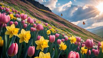 Flower Field with Tulips and Daffodils on a Hillside photo