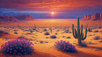 Desert Landscape with Cactus and Purple Flower in Warm Sunset photo