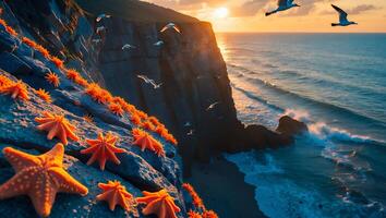 Starfish on Rock Cliff with Seagulls at Sunset photo