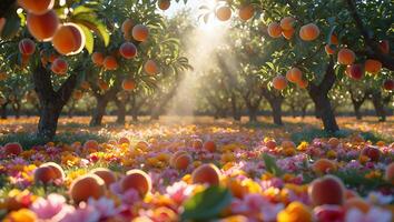 Peach Orchard with Flowers and Sunlight photo