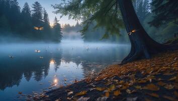 Fireflies Over Misty Lake Surrounded by Autumn Trees photo