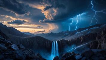 Waterfall Lightning Strikes in Mountain Landscape photo