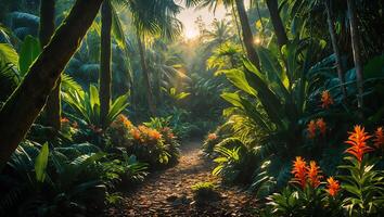Jungle Path with Sunlight and Tropical Plants photo