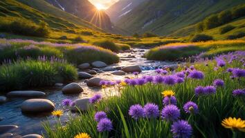 Mountain Valley Stream with Purple Flowers and Sun photo