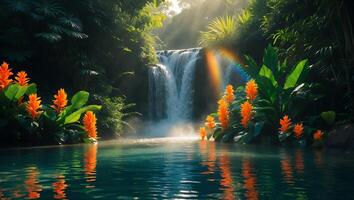 Waterfall with Orange Flowers and Rainbow in Tropical Setting photo