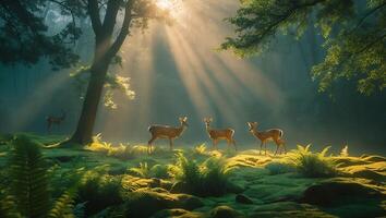 Deer in Forest with Sunlight and Greenery photo