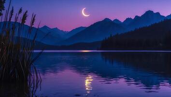 Night Lake with Crescent Moon and Mountain Silhouette photo