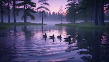 Ducks Swim on Calm Lake at Dusk photo