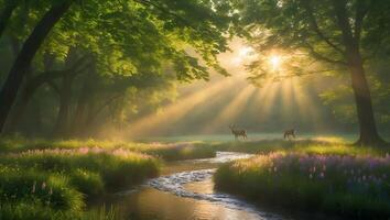 Deer in Forest with Sunlight and Stream photo