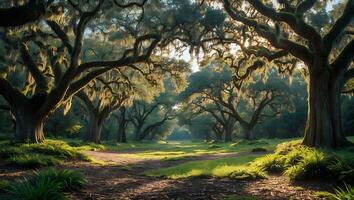 Oak Tree Tunnel with Spanish Moss and Sunlight photo