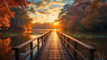 Wooden Bridge at Sunset Over Lake with Dragonflies photo
